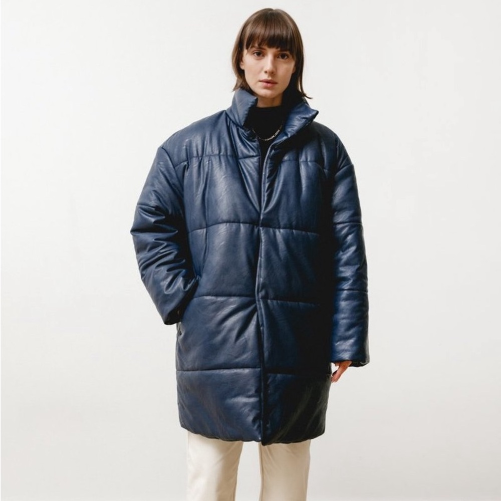 Priory Rare Earth Vegan Leather Puffer Jacket Coat in Blue Nile size S/M